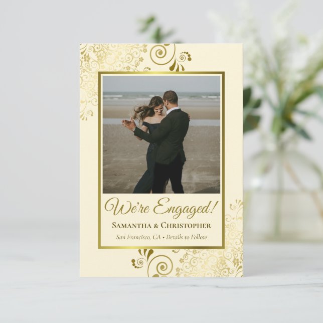 Elegant Gold Curls on Ivory Cream Photo Engagement Announcement (Standing Front)
