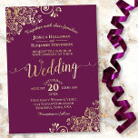 Elegant Gold Curls on Magenta Plum Wedding<br><div class="desc">This beautiful wedding invitation features real foil printing on a cassis purple,  magenta plum,  or berry coloured background. The beautiful design has lacy script calligraphy with lacy floral filigree in the corners. Stylish,  elegant,  sophisticated,  and chic,  this invitation is fancy and glam.</div>