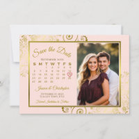Elegant Gold Curls on Pink Calendar Photo Wedding