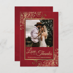 Elegant Gold Curls on Red Love & Thanks Wedding Thank You Card