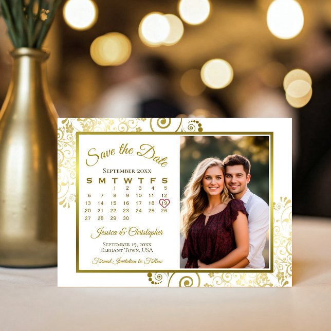 Elegant Gold Curls on White Calendar Photo Wedding Save The Date (Creator Uploaded)
