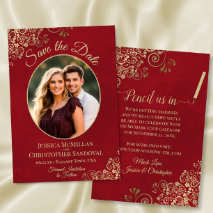 Elegant Gold Curls Oval Photo Marbled Red Wedding Save The Date