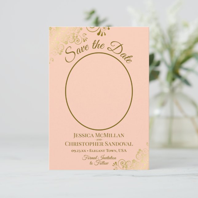 Elegant Gold Curls Oval Photo Peach Orange Wedding Save The Date (Standing Front)