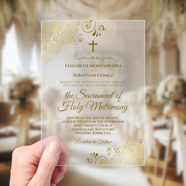 Elegant Gold Curls Stylish Modern Catholic Wedding Acrylic Invitations (Frosted Acrylic with Rectangle Cut)