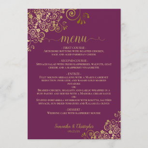 Elegant Gold Curls & Swirls Magenta Plum Wedding Menu