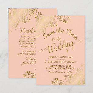 Elegant Gold Curls & Swirls on Peach Wedding Save The Date