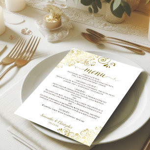 Elegant Gold Curls & Swirls on White Wedding Menu