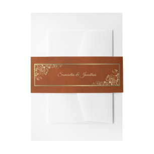 Elegant Gold Curls & Swirls Rust Orange Wedding Invitation Belly Band