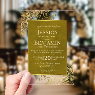 Elegant Gold Curls & Swirls Stylish Text Wedding Acrylic Invitations