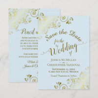 Elegant Gold Curly Filigree on Powder Blue Wedding