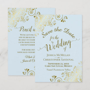 Elegant Gold Curly Filigree on Powder Blue Wedding Save The Date