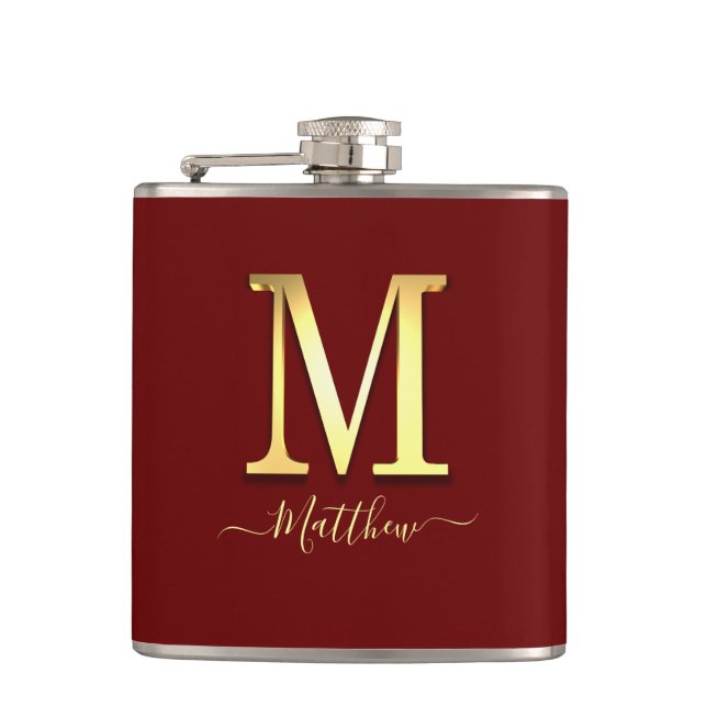 Elegant Gold Custom Monogram M Name Flask (Front)