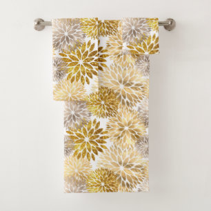 Elegant Gold Dahlia Floral Bath Towel Set