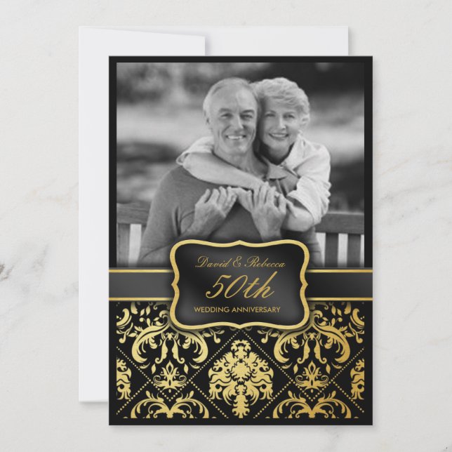 Elegant Gold Damask 50th Wedding Anniversary Invitation (Front)