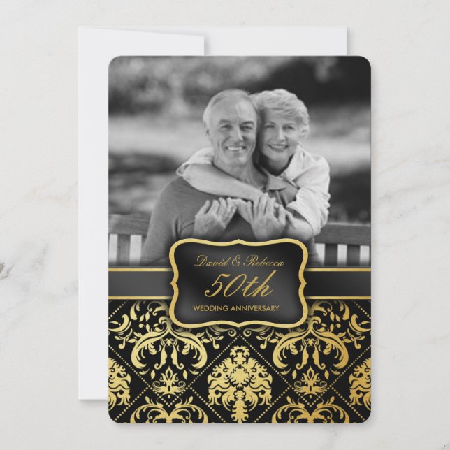 Elegant Gold Damask 50th Wedding Anniversary Invitation (Front)