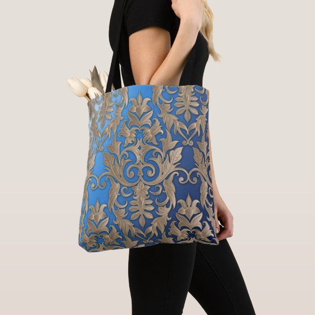 Elegant Gold Damask Brocade Pattern on Blue Tote Bag (Close Up)