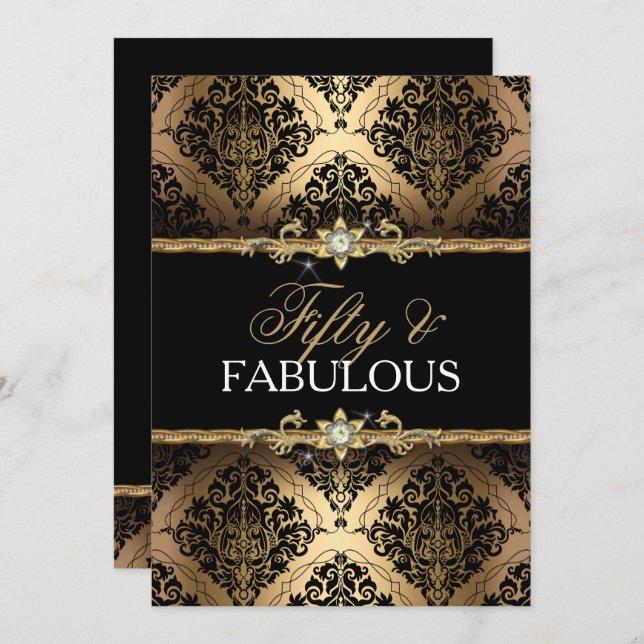 Elegant Gold Damask Fifty and Fabulous Invite (Front/Back)