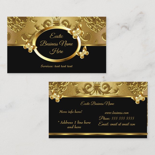 Elegant Gold Damask Floral Butterflies On Black 2 Business Card (Front/Back)