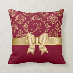 Elegant Gold Damask Monogram On Burgundy Cushion