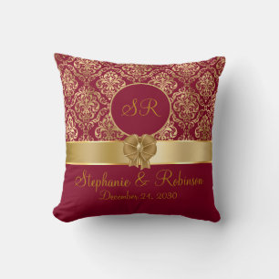 Elegant Gold Damask On Burgundy Monogram Cushion