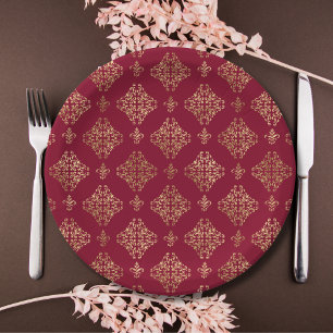 Elegant Gold Damask On Burgundy Paper Plate