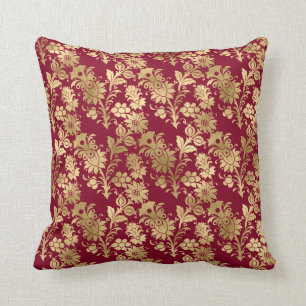 Elegant Gold Damask On Burgundy Throw Pillow
