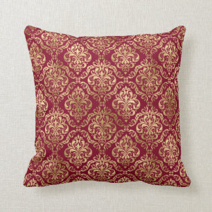 Elegant Gold Damask On Burgundy Throw Pillow