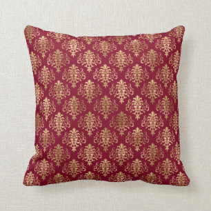 Elegant Gold Damask On Burgundy Throw Pillow