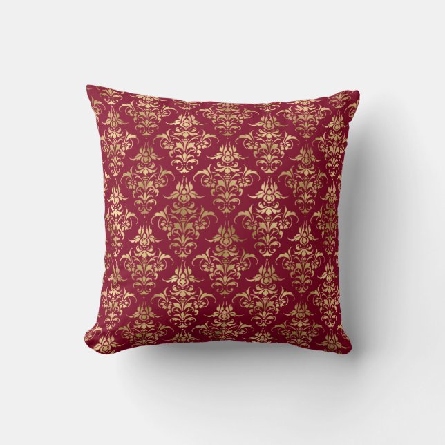 Elegant Gold Damask On Burgundy Throw Pillow (Front)