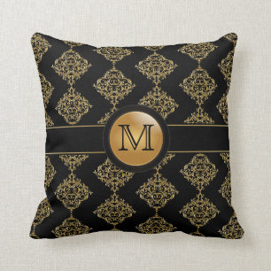 Elegant Gold Damask Pattern   Monogram Cushion