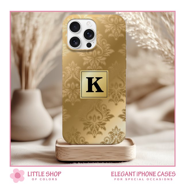 Elegant Gold Damask Pattern Monogram iPhone 15 Case (Creator Uploaded)