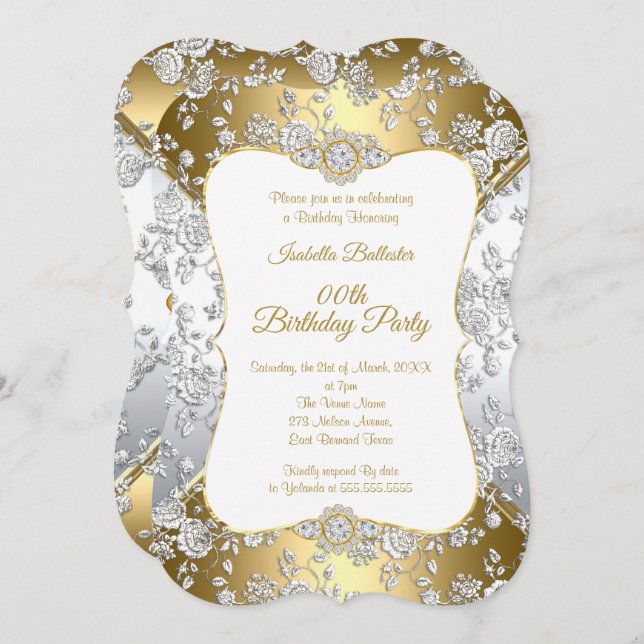 Elegant Gold Damask Silver Rose Birthday Party Invitation (Front/Back)