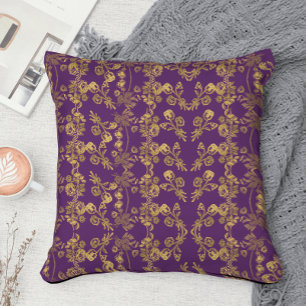 Elegant Gold Damask swirl Floral on purple Cushion