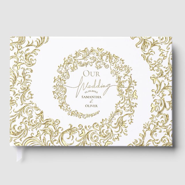 Elegant Gold Damask Wedding Guest Book (Front)