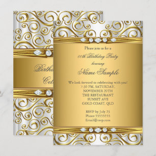 Elegant Gold Damask White Diamond Birthday Party Invitation