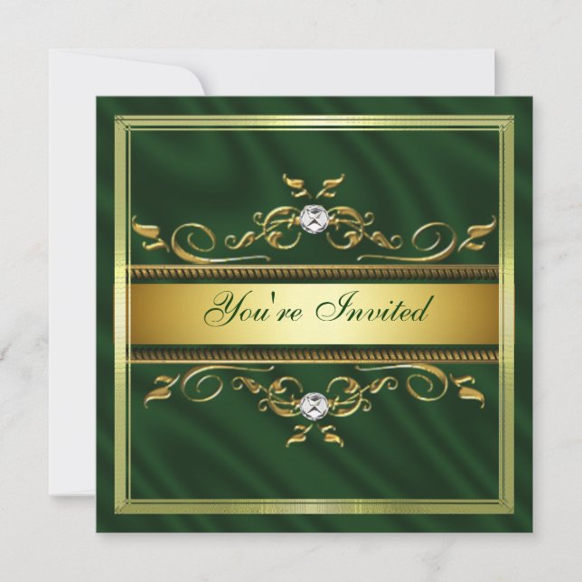 Elegant Gold Dark Green Silk/Satin Invitation Temp (Front)
