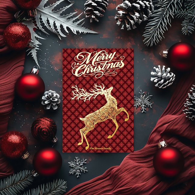 Elegant Gold Dashing Reindeer Merry Christmas  (Elegant Festive Gold Foil Burgundy Bedazzled Christmas Card )