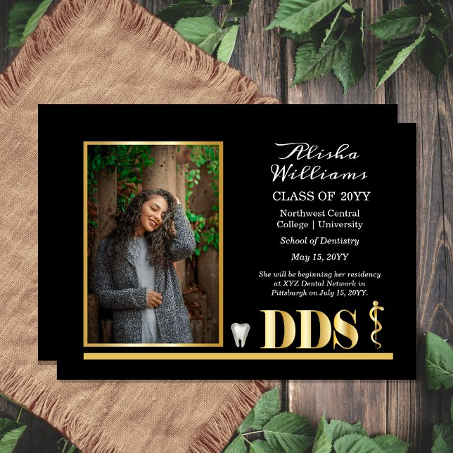 Elegant Gold DDS Asclepius Dentist Graduation Announcement (Elegant Black and Gold Tone One Photo Asclepius Dentist Dental "DDS" Graduation Announcement )