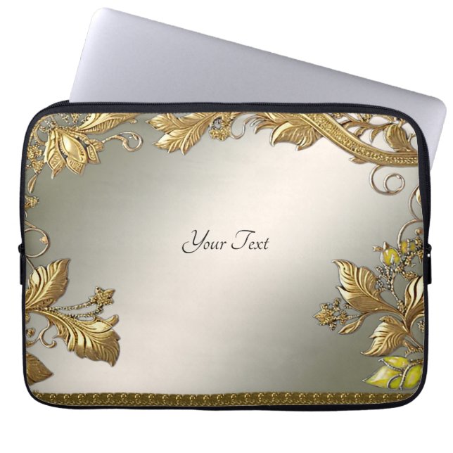 Elegant Gold Decorative Floral Laptop Sleeve (Front)