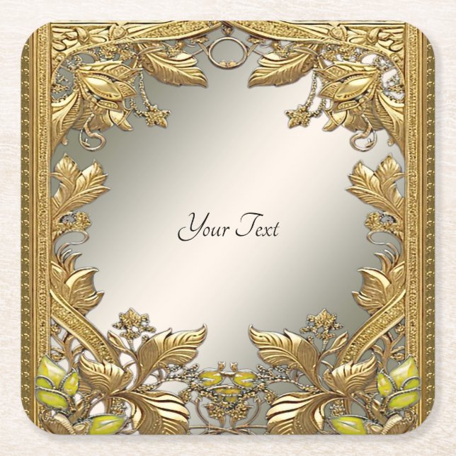 Elegant Gold Decorative Floral Paper Coaster (Front)