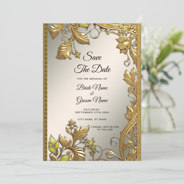 Elegant Gold Decorative Floral Save The Date (Standing Front)