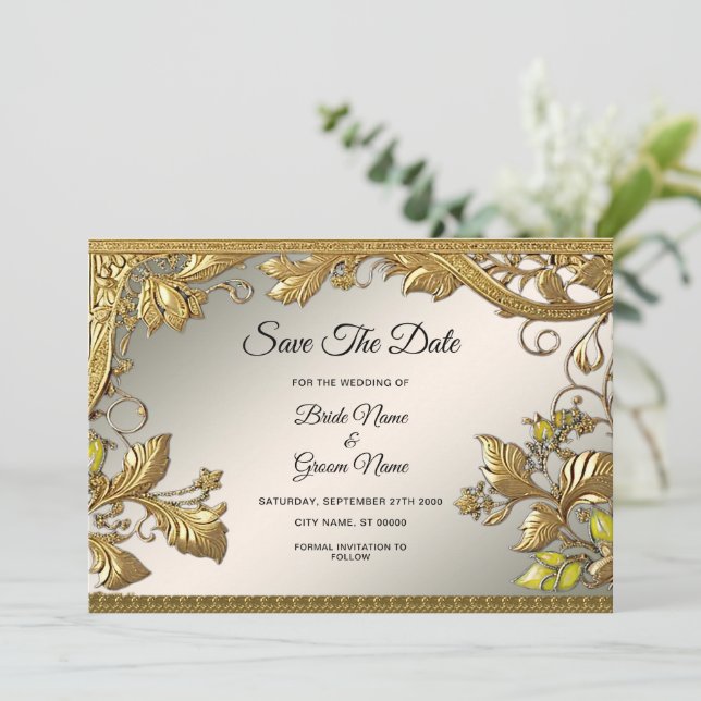 Elegant Gold Decorative Floral Save The Date (Standing Front)