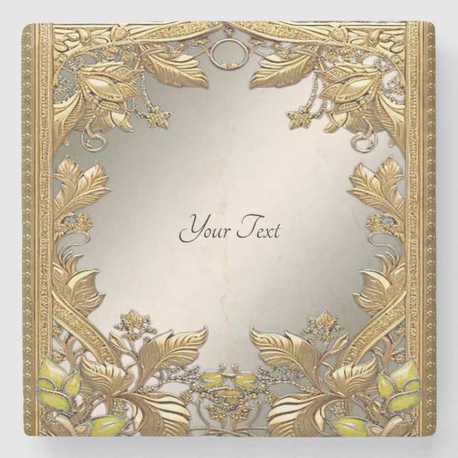 Elegant Gold Decorative Floral Stone Coaster (Front)