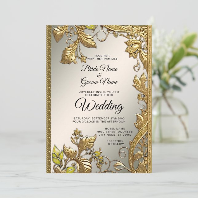 Elegant Gold Decorative Floral Wedding Invitation (Standing Front)