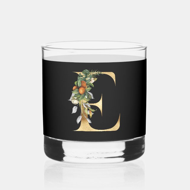 Elegant Gold Decorative Initial E Whiskey Glass (Front)