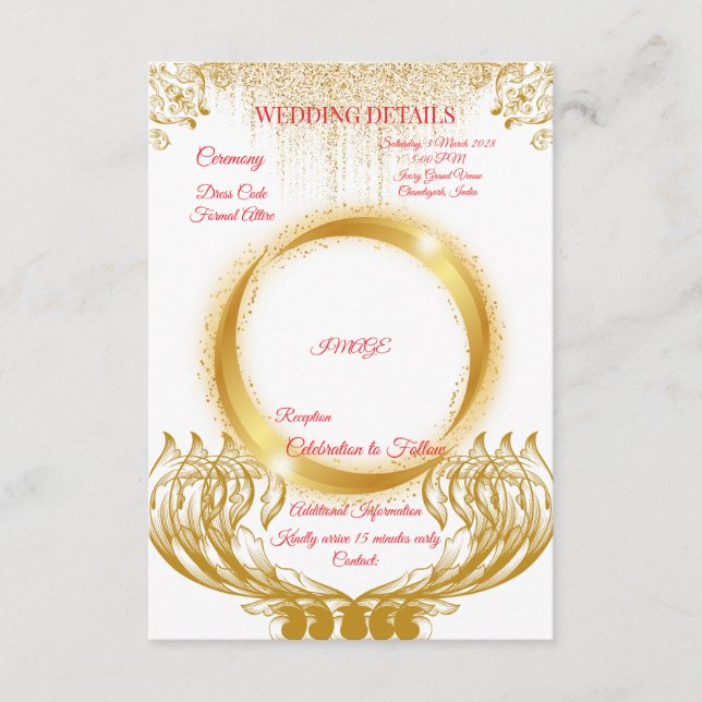 Elegant Gold Design Wedding Details Card on White (Front)