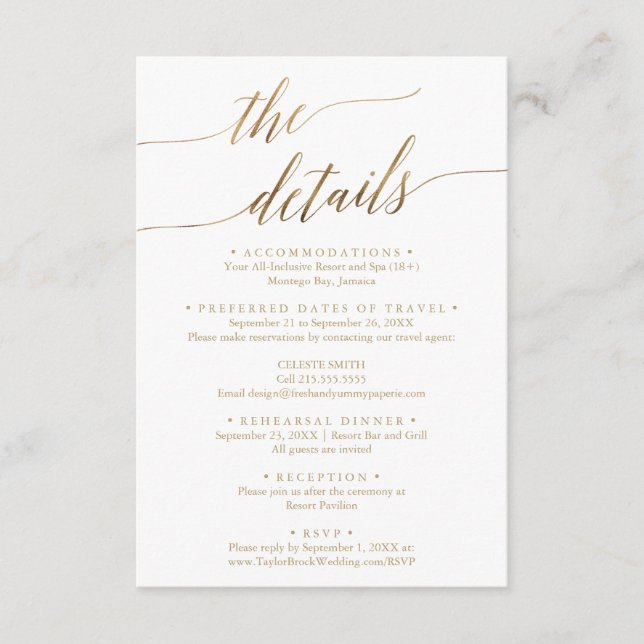 Elegant Gold Destination Wedding Travel Details Enclosure Card (Front)