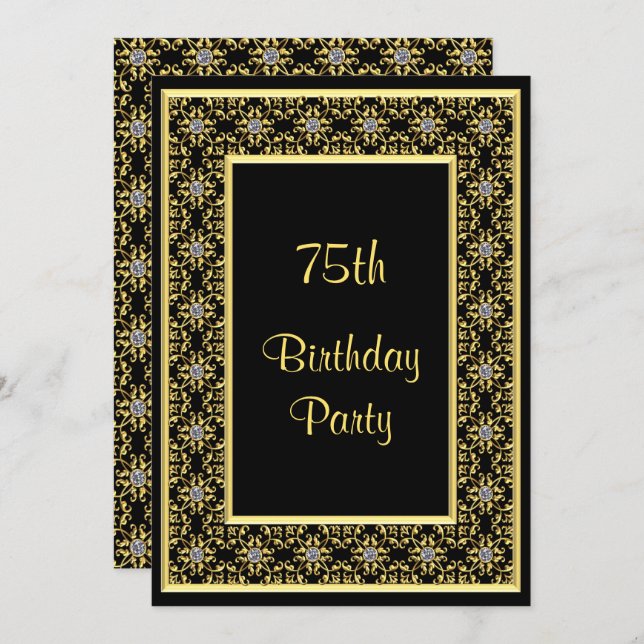 Elegant Gold, Diamond Gem's 75th Birthday Invitation (Front/Back)