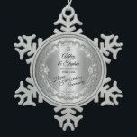 Elegant Gold Diamonds 25th Wedding Anniversary Snowflake Pewter Christmas Ornament<br><div class="desc">Opulent elegance frames this 25th wedding anniversary design in a unique scalloped diamond design with centre teardrop diamond with faux heart-shaped diamonds and added faux sparkles on a silver-tone gradient. Please note that all embellishments are printed and are only made to appear as real as possible in a flat, printed...</div>