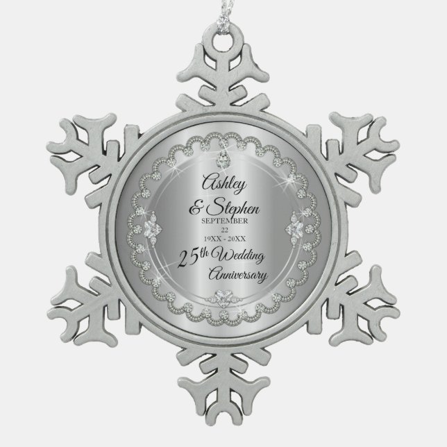 Elegant Gold Diamonds 25th Wedding Anniversary Snowflake Pewter Christmas Ornament (Front)